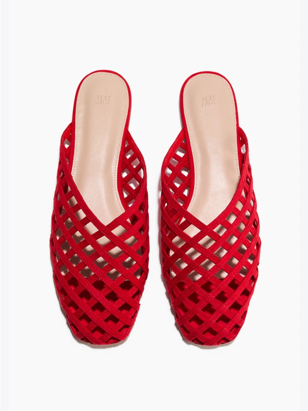 H&M Red Faux Suede Lattice Mules NWT